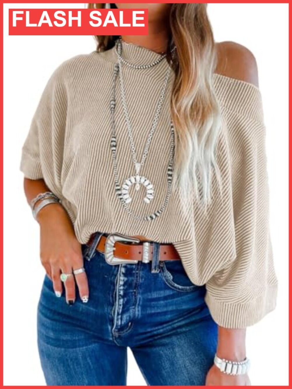 Off Shoulder Top 3/4 Sleeve Batwing Knit Blouse Loose Oversized